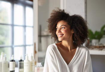 A 30s mix race woman in white cotton shirt sit near vanity bathroom with bight light from window outside