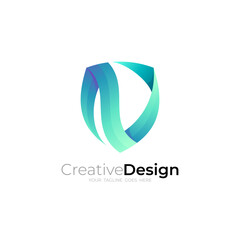 Shield logo and letter N design vector, blue color, security