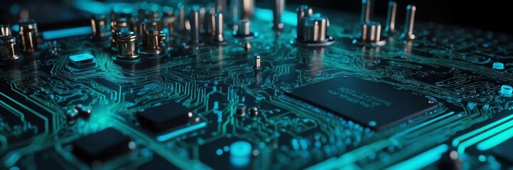 Teal glowing abstract technology engineering futuristic circuit board modern concept, banner template background illustration from Generative AI