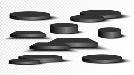Set of black circle and square base. Collection of podium stand isolated on transparent background. Stage empty for product advertising, show, contest, award. Platform studio. Vector illustration.