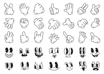 Set of outlined cartoon comic hands and funny face. - obrazy, fototapety, plakaty