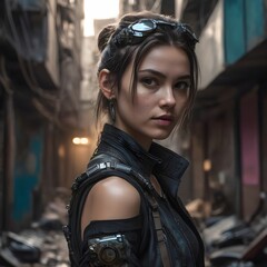 Framed against a dilapidated alleyway, the camera captures the woman striking a confident pose, her cyberpunk-inspired accessories glinting in the dim light.