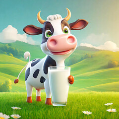 초록색&nbsp; 들판배경에 우유를 마시고 서있는 귀여운 3d 소 캐릭터