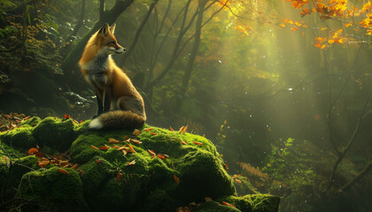 A fox sits on a moss-covered rock in a sunlit forest, surrounded by autumn leaves - Powered by Adobe