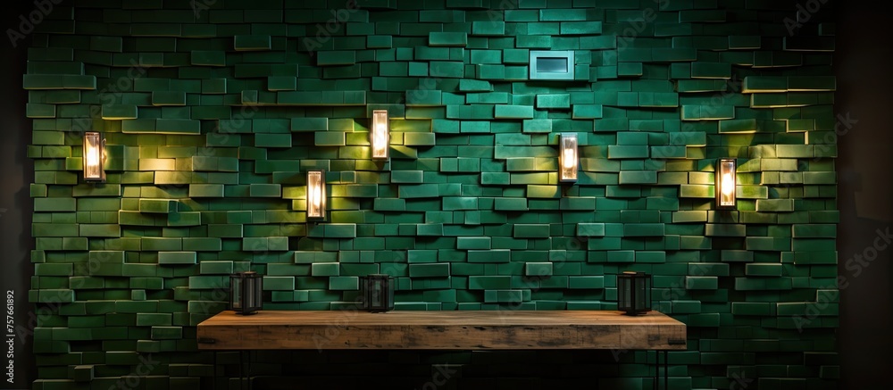 Poster a brick building with a green facade, featuring a wooden shelf displaying candles in front of a wall