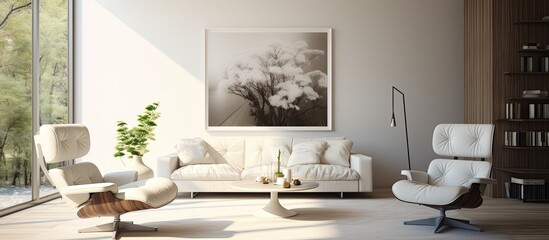 A cozy living room with a couch, chair, coffee table, and a picture on the wall. The room is adorned with a houseplant in a flowerpot, adding a touch of nature to the woodfloored space