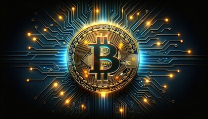 Golden Bitcoin coin centered on a glowing blue circuit board symbolizes cryptocurrency and blockchain technology.
