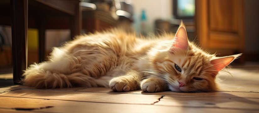 A domestic shorthaired cat, a small to mediumsized cat in the Felidae family, with fawn fur and whiskers, is peacefully laying on the floor in the sunlight