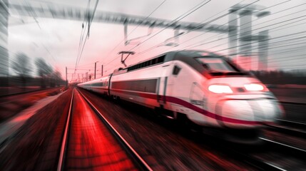 Fototapeta premium High speed train on railway, sunset light. Generative AI.