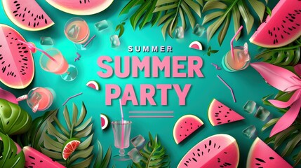 a poster for a summer party with cocktail and watermelon. Generative AI. - obrazy, fototapety, plakaty