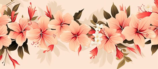A row of pink flowers with green leaves on a beige background, creating a beautiful floral design. The flowers are delicate and vibrant, adding a touch of art to the scene - Powered by Adobe