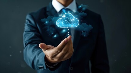 Businessman touch cloud computing icon network. Generative AI.
