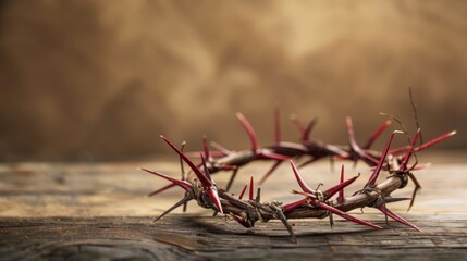 Fototapeta premium Christian crown of thorns with metal nails on a wooden desk, copyspace. Generative AI.