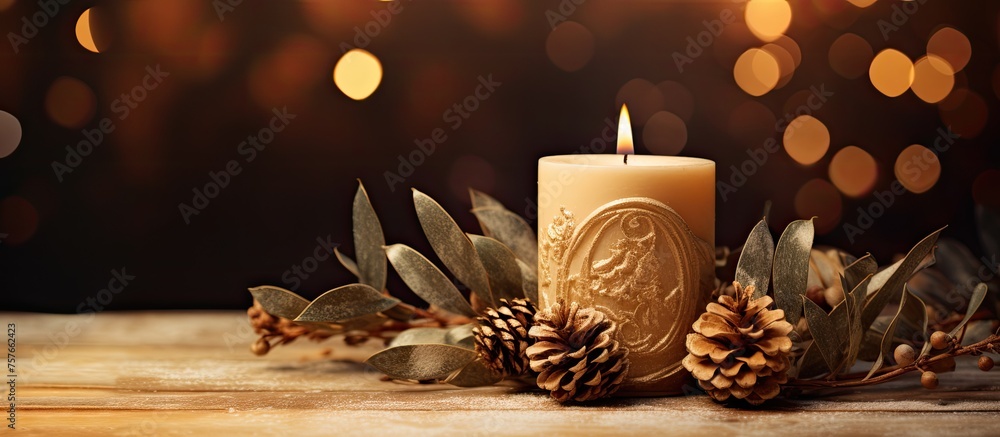 Poster a candle is placed on a wooden table surrounded by pine cones and leaves, creating a rustic and natu