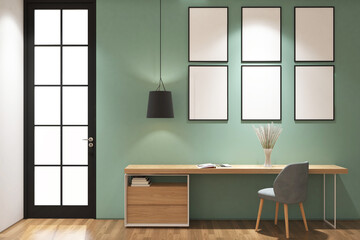 Fototapeta premium 3d rendering desk and chair with frame mock up side the door. Green and light wood style in scandinavian. Set 9