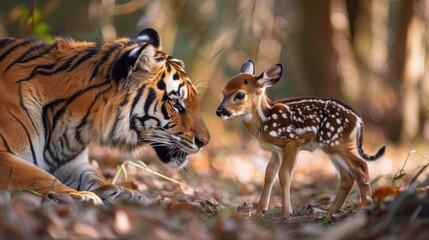 A baby deer is standing next to a tiger. Concept of curiosity and wonder about the relationship between the two animals. - obrazy, fototapety, plakaty