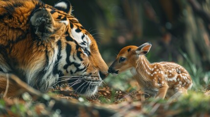 Naklejka na ściany i meble A baby deer is standing next to a tiger. Concept of curiosity and wonder about the relationship between the two animals.