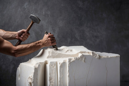 A sculptor's strong hands carve a marble block using a chisel and hammer, shaping raw stone into art. The image captures precision, craftsmanship, and the beauty of traditional stone carving