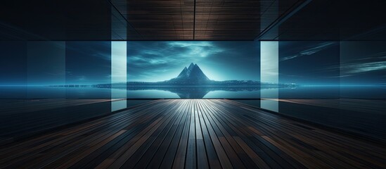 An artfully decorated dark room with wooden flooring, showcasing a stunning landscape with a mountain, azure sky, and electric blue water in the background