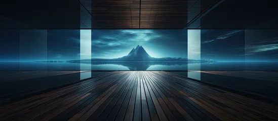 Gordijnen An artfully decorated dark room with wooden flooring, showcasing a stunning landscape with a mountain, azure sky, and electric blue water in the background © 2rogan