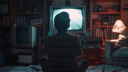 Boy captivated by an old television set - Young boy sitting cross-legged watching a vintage television in a room filled with antiques