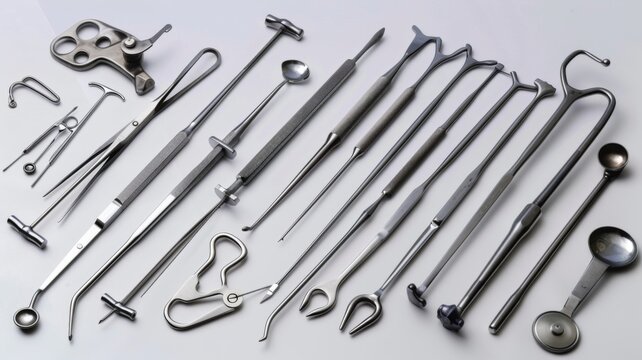 Assorted metal surgical instruments spread out - An assortment of various surgical tools is displayed, showing the diversity and complexity of modern medical equipment