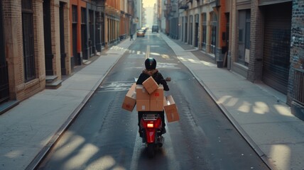 Delivery rider with boxes on a scooter - A delivery person carrying multiple boxes rides a scooter down a quiet city street early in the morning
