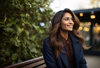 A 30s Indian woman  smiling and looking off to the side with long hair wearing a dark blue coat...