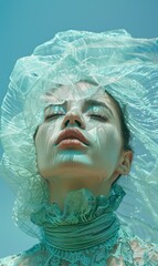Surreal art for women's fashion cover photo adorned with a modern, elegant, luxurious, bold, and surreal artistic flair, complemented by futuristic technological elements.
