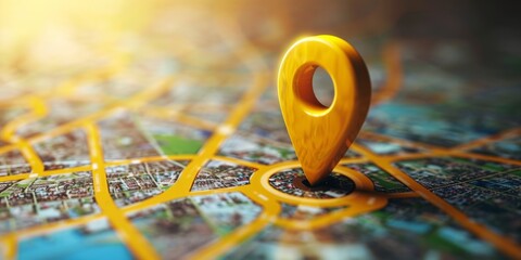 A map with a yellow marker placed on top to signify a specific location or destination. - obrazy, fototapety, plakaty