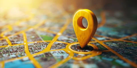Rugzak A map with a yellow marker placed on top to signify a specific location or destination. © YuDwi Studio