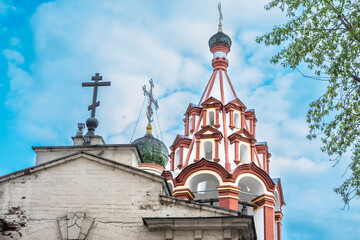 Orthodox church against the blue sky. Concept: religion, travel, architecture. Russia 2023