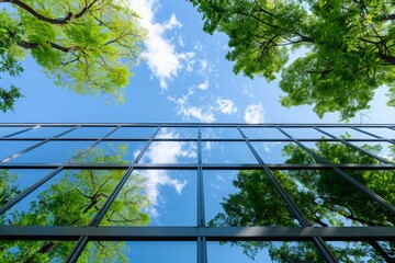 Reflection of Sky and Trees on Glass Building. Green Eco Friendly Concept