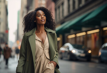 Fototapeta premium Portrait of a beautiful African American woman with long curly hair wearing a green trench coat and beige blouse walking down the street in New York City, bokeh background, fashion photography