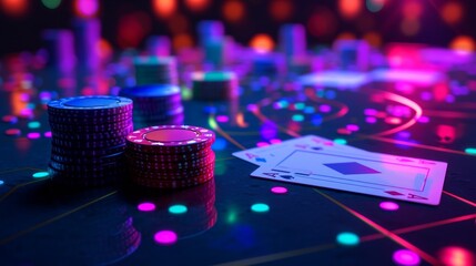 casino card set illustration, bright glowing card table, in the style of uhd image, aurorapunk, - obrazy, fototapety, plakaty