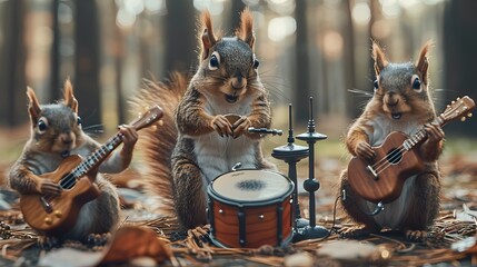 Squirrel Trios Surreal Musical Performance on Miniature Instruments in a Negative Space Background - obrazy, fototapety, plakaty