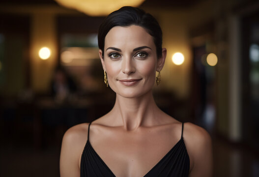 A Caucasian attractive woman in her late thirties, wearing elegant black dress and gold earrings, with dark hair pulled back into tight low bun, looking at the camera, standing inside hotel lobby