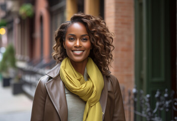 An black woman late thirties smiling, looking at the camera, joy walking down the street wearing a brown leather jacket over a soft green sweater large yellow scarf in residential building area - obrazy, fototapety, plakaty