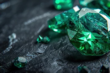 Fototapeten Jeweled Harmony: Emerald on Black Shine with a Symphony of Natural Gemstones  © AKKA