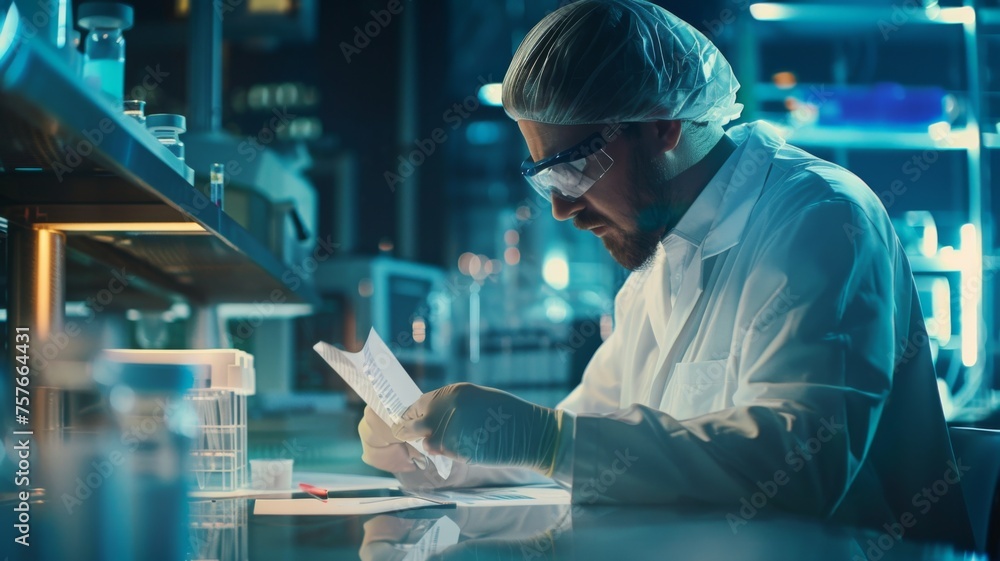 Aufkleber scientist reviewing notes in laboratory - a diligent scientist reads detailed notes amidst an advanc