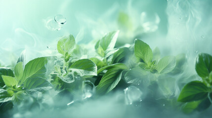 An ambient, softly glowing pastel green background featuring peppermint and eucalyptus leaves, creatively designed with steam swirling around them, ideal for a sinus-clearing advertisement with a refr