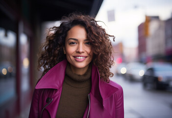 A beautiful mixed race woman in late thirties, wearing a purple leather jacket and brown turtleneck sweater curly hair with a side parting  smiling to the camera standing on the street cars passing, - obrazy, fototapety, plakaty