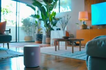 Smart speaker on floor of modern living room - Cozy living room with smart speaker in the forefront, showing modern technology in a home environment