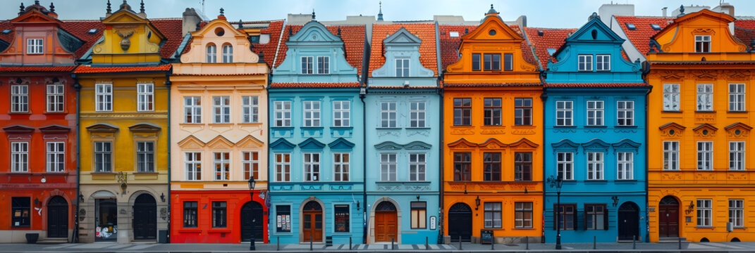 Detail of facades of houses near Old Town Square,
Colorful buildings in a row with the word