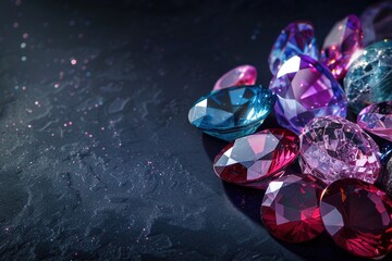Sapphire Radiance: Gems of Beauty on Black Background,A Tapestry of Gemstones: Sapphire, Amethyst, Ruby, and Beyond
