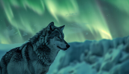 A wolf looks back against the backdrop of a starry sky lit by the aurora borealis