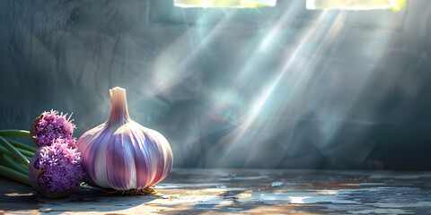 onions and garlic,A garlic and a green leaf are on a table with water droplets on it.