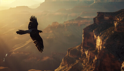 An eagle soars over a canyon bathed in the golden light of sunrise