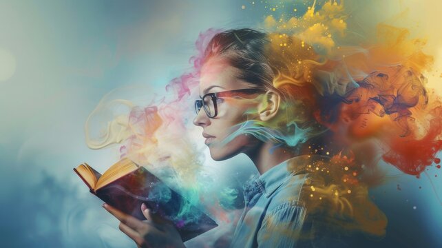 Woman with Colorful Thoughts Flowing from Book - An image depicting a woman with vibrant, imaginative thoughts emanating from an open book she’s holding