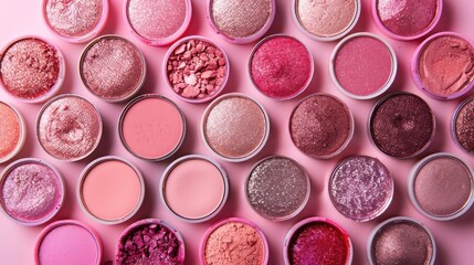 Obraz na płótnie Canvas Close-up of a pink glitter highlighter and eyeshadow palette sparkling